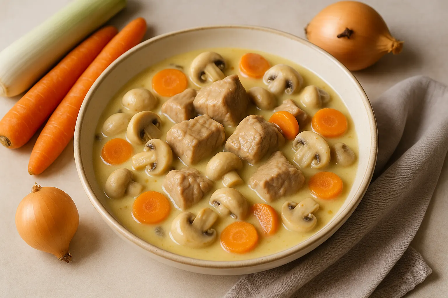 Blanquette de veau à l’ancienne, sauce onctueuse au citron et champignons