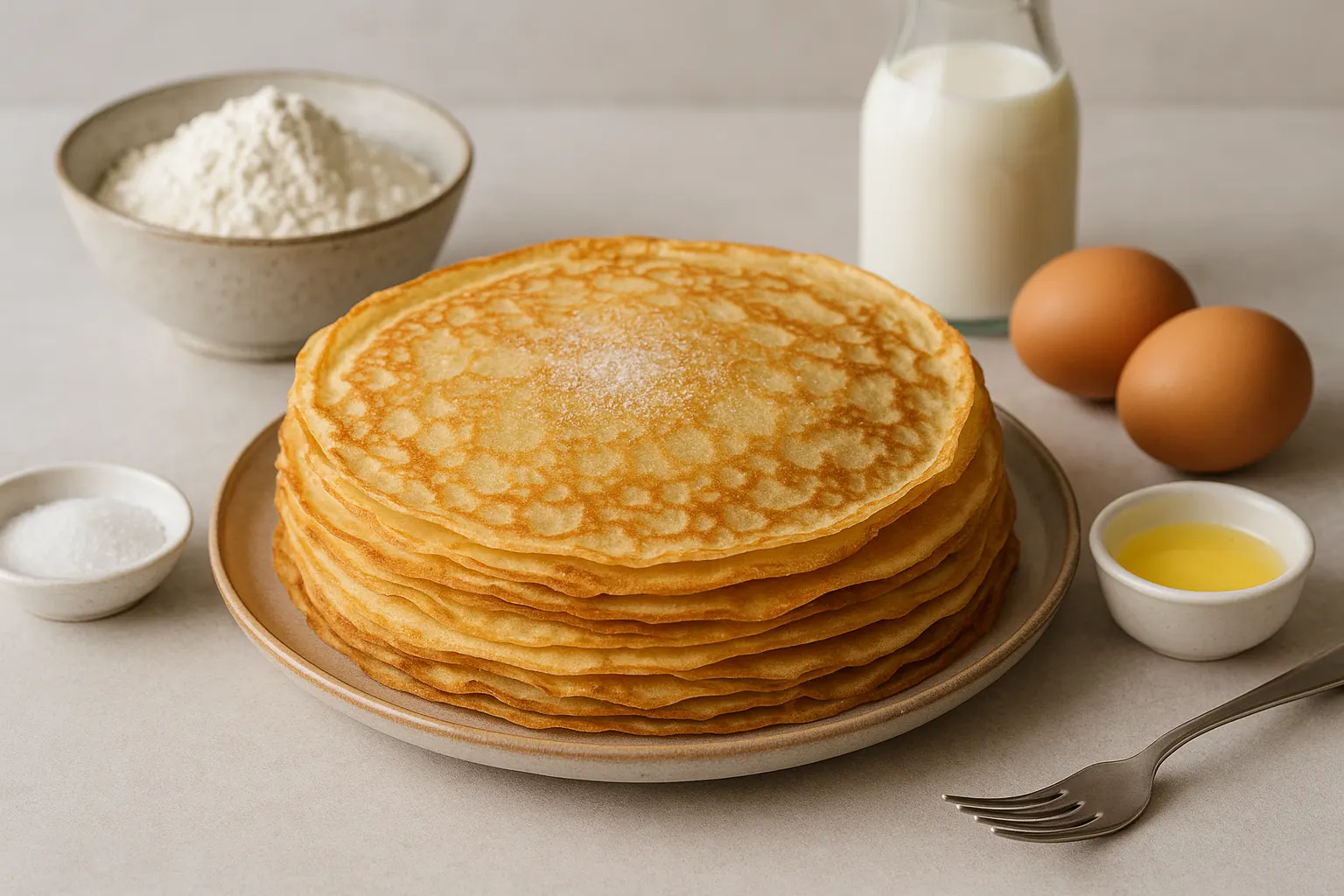 Crêpes bretonnes sucrées, pâte légère et dorée