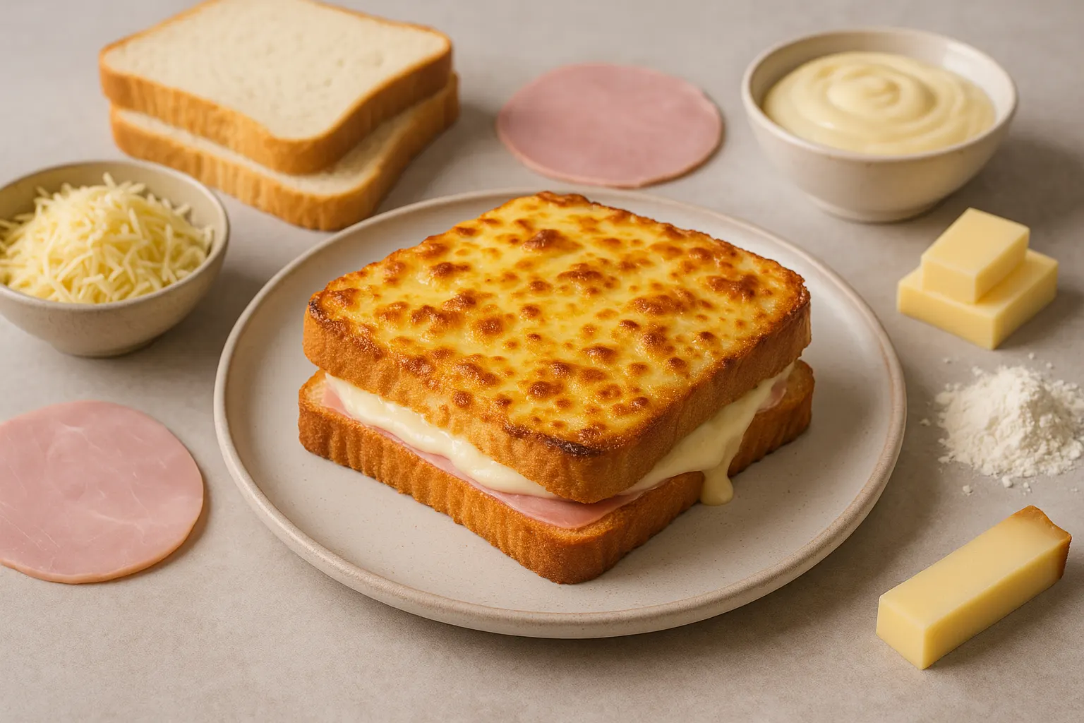 Croque-monsieur gratiné au comté, béchamel onctueuse